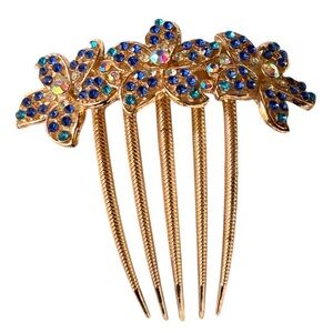 Rose Gold and Blue Rhinestones Flowers Hair Comb NWOT